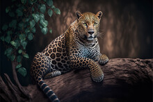 A Beautiful Jaguar In Its Natural Habitat. On On A Tree Trunk