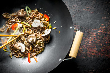 Poster - Hot Asian soba noodles with vegetables, mushrooms and sauce.