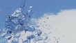 Leinwandbild Motiv 水飛沫、夏、水、空、雲、青空、飛沫、飛び散る、液体、透明、ブルー、季節、サマー、水滴、気泡、透明感、バブル、晴れ、綺麗、しずく、環境、青、きれい、冷たい、爽やか、青色、さわやか、滴、泡、飲み物、水分、雫、コピースペース、クリア、素材、ウォーターの空と水飛沫のイメージ画像