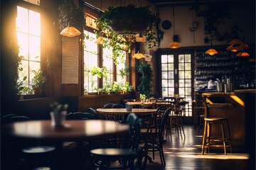 Atmospheric french cafe with charming an cozy interior in morning light, intimate, nostalgic, elegant, parisian. Generative AI