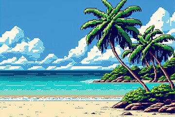  Pixel art beach with coconut trees and clouds in the sky, background in retro style for 8 bit game, Generative AI