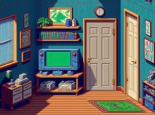 Pixel Art Game Room, Bedroom With Video Game Consoles, Background In Retro Style For 8 Bit Game, Generative AI