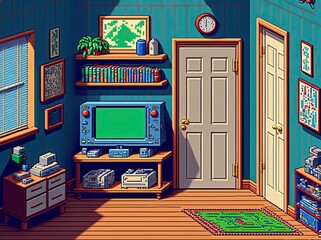 Wall Mural - Pixel art game room, bedroom with video game consoles, background in retro style for 8 bit game, Generative AI