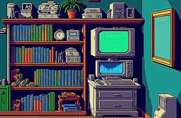 Wall Mural - Pixel art game room, bedroom with video game consoles, background in retro style for 8 bit game, Generative AI