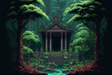 Pixel art ancient temple in the forest, temple ruins, background in retro style for 8 bit game, Generative AI
