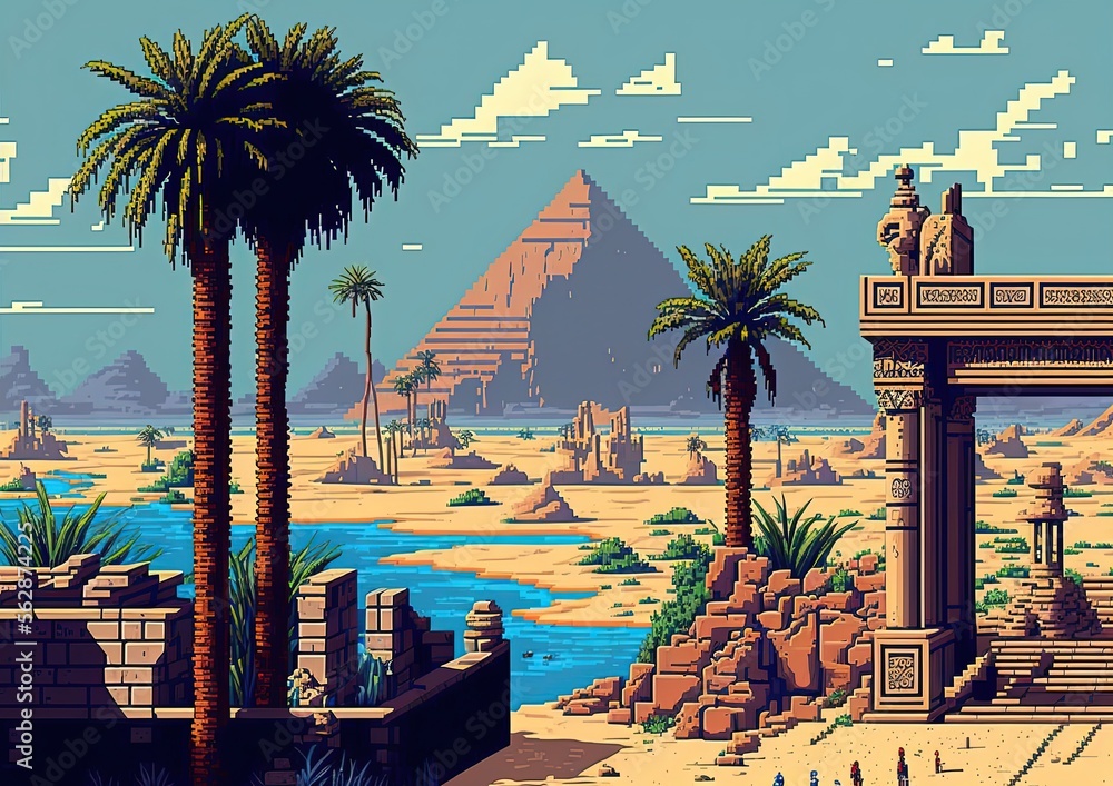 Pixel art ancient egypt with pyramids and monuments, background in ...