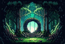 Pixel Art Magic Portal In Mystical Forest, Portal To Fantasy Dimension, Background In Retro Style For 8 Bit Game, Generative AI