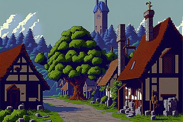 Wall Mural - Pixel art medieval village, middle age houses, village with castle, buildings and trees, background in retro style for 8 bit game, Generative AI