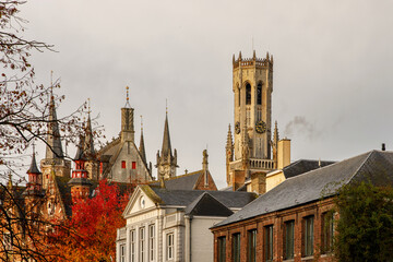 Wall Mural - Gothic architecture. Palace spiers in Bruges, Belgium.