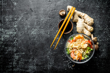 Wall Mural - Instant noodles with shrimp, fresh ginger, mushrooms and soy sauce.