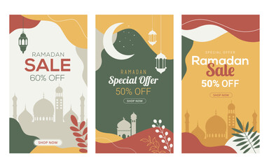 Wall Mural - Ramadan Kareem, Happy Ramadan, greeting card. Eid mubarak, Islamic holiday background. Story template set. Sale design banners