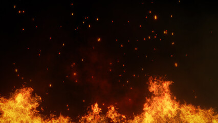 Wall Mural - 3d illustration. fire and burning embers glowing. fire glowing particles on black background