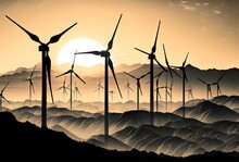 Panoramic Shot Of The Silhouettes Of Multiple Rows Of Wind Turbines On A Hilltop (AI Generated)