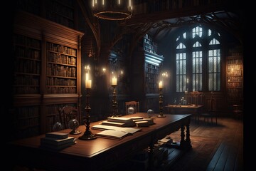 Wall Mural - fantasy library in cozy cathedral environment. Generative AI