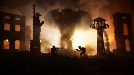 Wall Mural - Conceptual image of war between Democracy and dictatorship using toy soldiers. Battle in ruined city. Selective focus