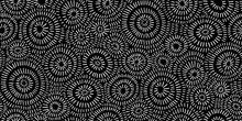 Seamless Hand Drawn Geometric Concentric Circles Pattern. Abstract Barnacle Or Coral Sea Life Motif White Stripes On Black Background. Woodcut Sun Burst Texture In A Trendy Doodle Line Art Style.