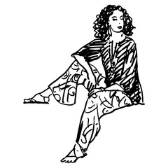 Wall Mural - Seated young woman in free pose. Hand drawn linear doodle rough sketch. Black silhouette on white background.