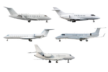 Set of five different white business jets isolated on transparent background