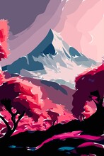 Mountain With Pink Trees  Abstract Digital Illustrations Painting Concept Art Part#200123