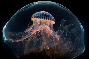 Wall Mural - Portrait of a jellyfish on a black background. generative ai