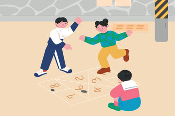 Wall Mural - Korean childhood games. Children are drawing lines on the floor and playing a game of hopscotch.