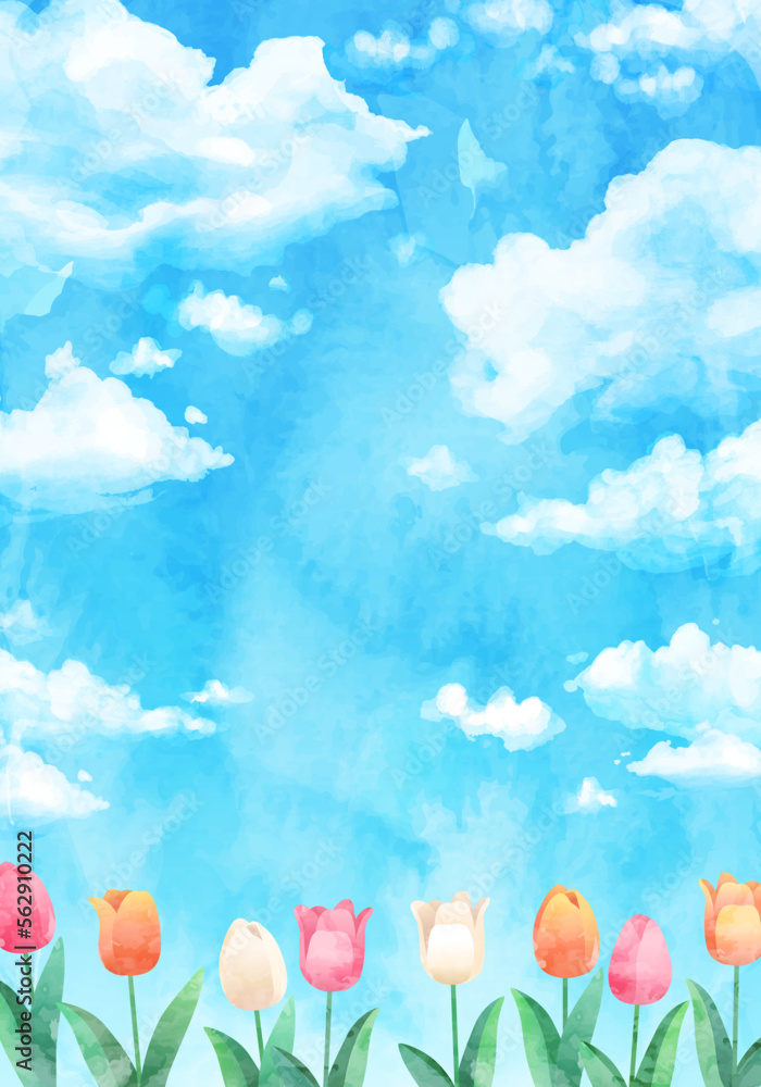 Vector de Stock 水彩の青空とチューリップ畑のベクターイラスト背景