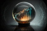 Fototapeta  - Stock market chart in a crystal ball, illustration, mystery dark background, light reflections and effects, created with generative AI technology