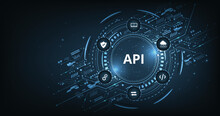 Application Programming Interface (API) On Blue Background. Software Development Tool, Information Technology, Modern Technology, Internet.