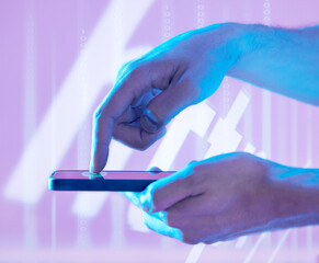 Poster - Futuristic, fingerprint and hands of man with phone pressing to unlock. Biometric, finger scanning and male with mobile smartphone for cyber security, biometrics and identification with neon software
