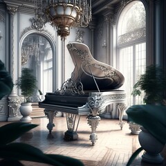 silver piano in a luxurious mansion (generative AI)