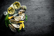 Fresh raw oysters on a stone Board with white wine.