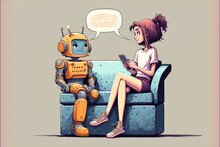 Chat GPT Artificial Intelligence Chat Bot By Open AI, Cartoon Style, Talking To Women Message Bubble