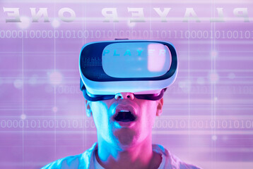 Poster - Wow, futuristic and man in virtual reality metaverse gaming on 3d technology. Surprise, neon and male player exploring vr cyber world, ux or simulation with binary numbers, data and ai information.