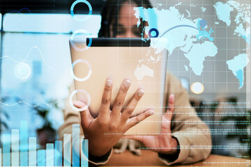 Aufkleber - Tablet, world map data and woman research digital information, globalization or online programming education. Chart overlay, travel location data and black student typing, work or reading infographic