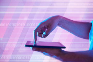 Poster - Fingerprint, futuristic and hands of man with tablet for binary communication, ux or internet. Future tech, 3d neon or biometric of person pressing to unlock digital touchscreen for web browsing.