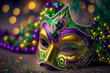 Gold, purple and green glittery mardi gras mask on shining bokeh background. Generative AI illustration