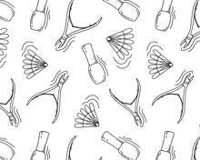 Doodle Seamless Pattern With Manicure Tools, Nail Polish Banner, Scissors For Beauty Salon, Shop, Poster On White Background With Black Lines