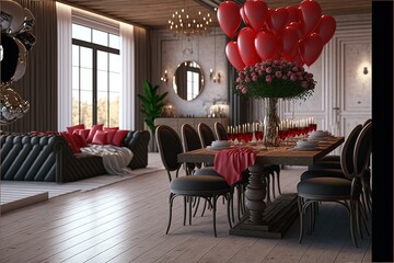 Luxurious house interior decorated for valentine's day with balloons, flowers, chocolates and candles. valentine day celebration in house. Generative AI