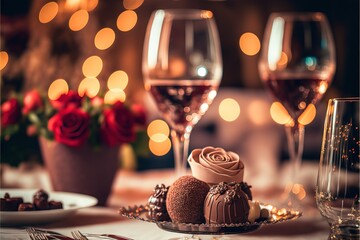 valentines day Champagne, roses, chocolate, and bokeh background with candle light dinner, balloons, Generative AI