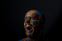 Conceptual Portrait Of A Brutal Man Painted In Face Art Style Over Bla
