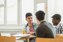 University Students Discussing In Canteen School, Bavaria, Germany