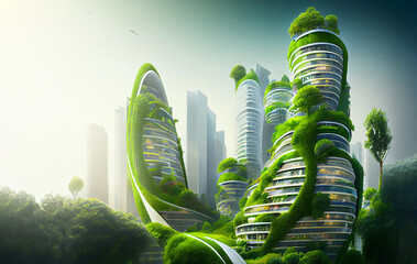The green city of the future. Spectacular eco-futuristic cityscape ESG concept full with greenery, skyscrapers. Generative AI.