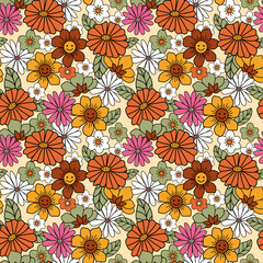 Colorful 70s style retro floral pattern. Vintage background perfect for cards, wallpaper, fabric, textiles, wrapping paper.