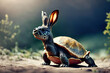 abstract hybrid animal a small turtle with a bunny rabbit ears looking and sniffing curiously and staying on the ground raised head with sun shining in back,generative AI