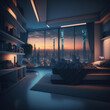 Interior design, bedroom with large window and view of the city at night, generative AI