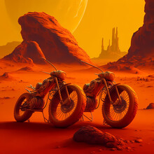 Sunset In The Desert, With Motorcycles Parked