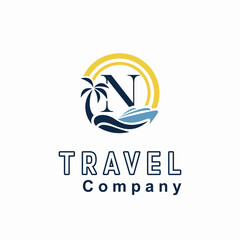 Wall Mural - Initial N Letter With Coconut Palm Tree, Marine Ship, Sun Icon for Travel Guide Business Logo Idea Template
