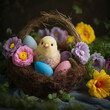 Happy Easter. Cute easter chick with easter eggs. Generative AI