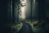 Fototapeta Natura - lush green forest with path on a misty morning, generative ai composite