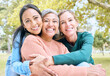 © J Maas/peopleimages.com - Retirement, women or bonding hug for portrait profile picture, social media or lifestyle freedom blog in relax environment. Smile, happy or elderly senior friends in nature park, garden or community